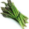 A bundle of green Jersey Giant asparagus tied with black twine against a white backdrop